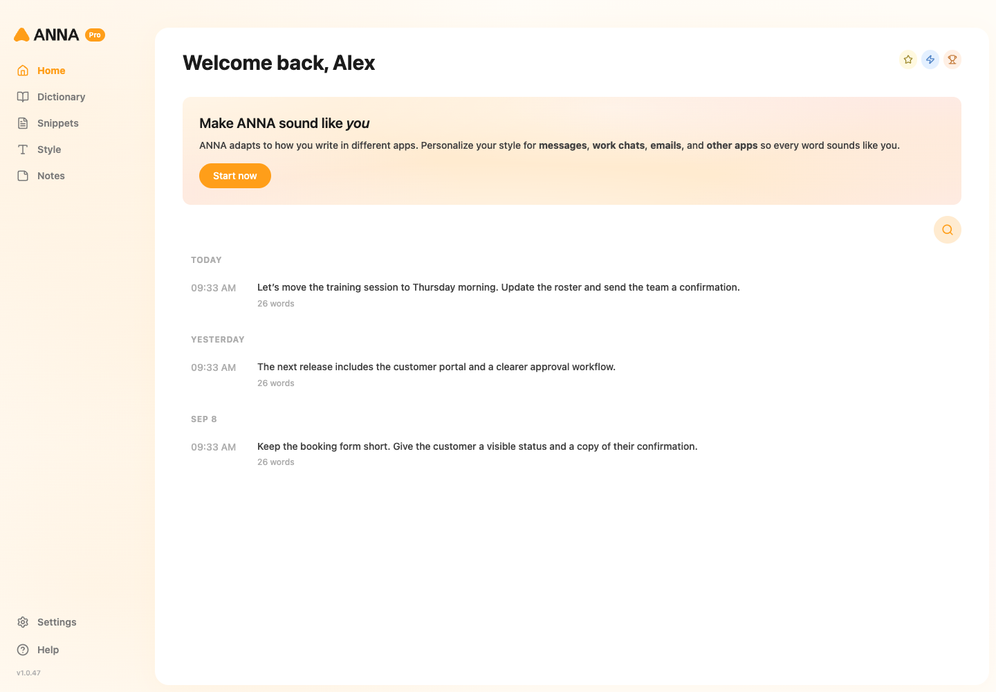 Anna’s actual desktop app with fictional dictation history